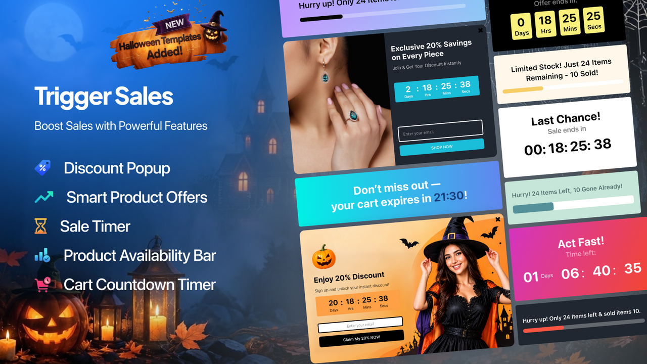 Trigger Sales promotional artwork showing urgency and offer campaign widgets on a storefront